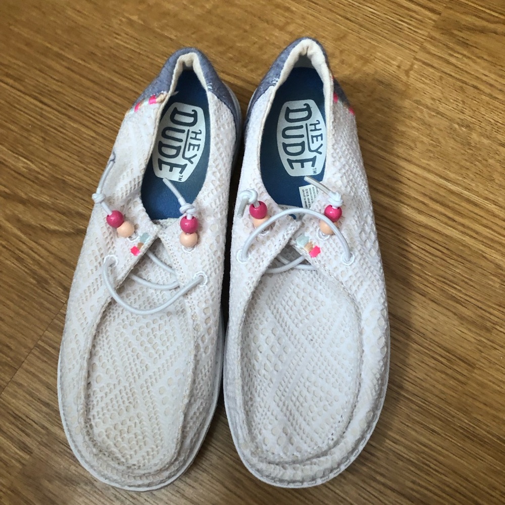 Hey Dude Cream Knit Lace-Up Shoes with Pink Bead Accents
